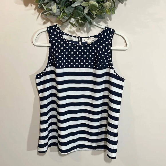 Loft Petites Navy and White Polka Dot Stripe Tank LP - Picture 1 of 14